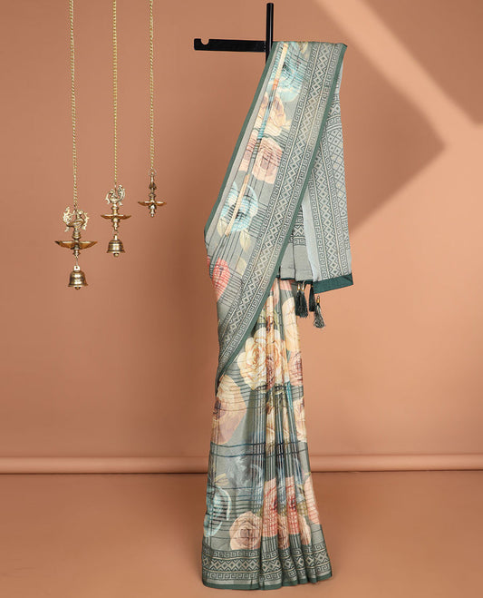 Multi-color digital floral, checked print moss brasso saree with contrast border & rich print , tassels pallu