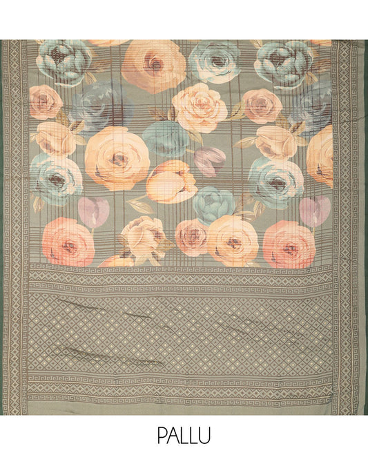 Multi-color digital floral, checked print moss brasso saree with contrast border & rich print , tassels pallu