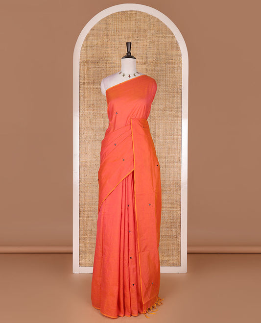 Borderless pink mirror embroidered South cotton saree with contrast kalamkari floral printed blouse