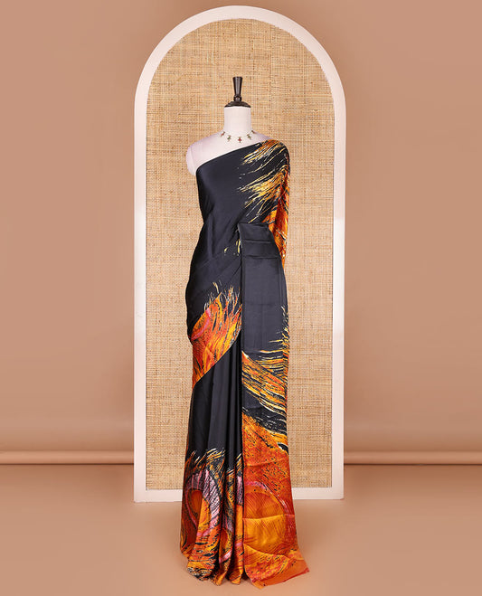 Borderless black and mustard peacock feather-like abstract printed satin crepe saree, peacock feather-like abstract print pallu, and abstract print blouse