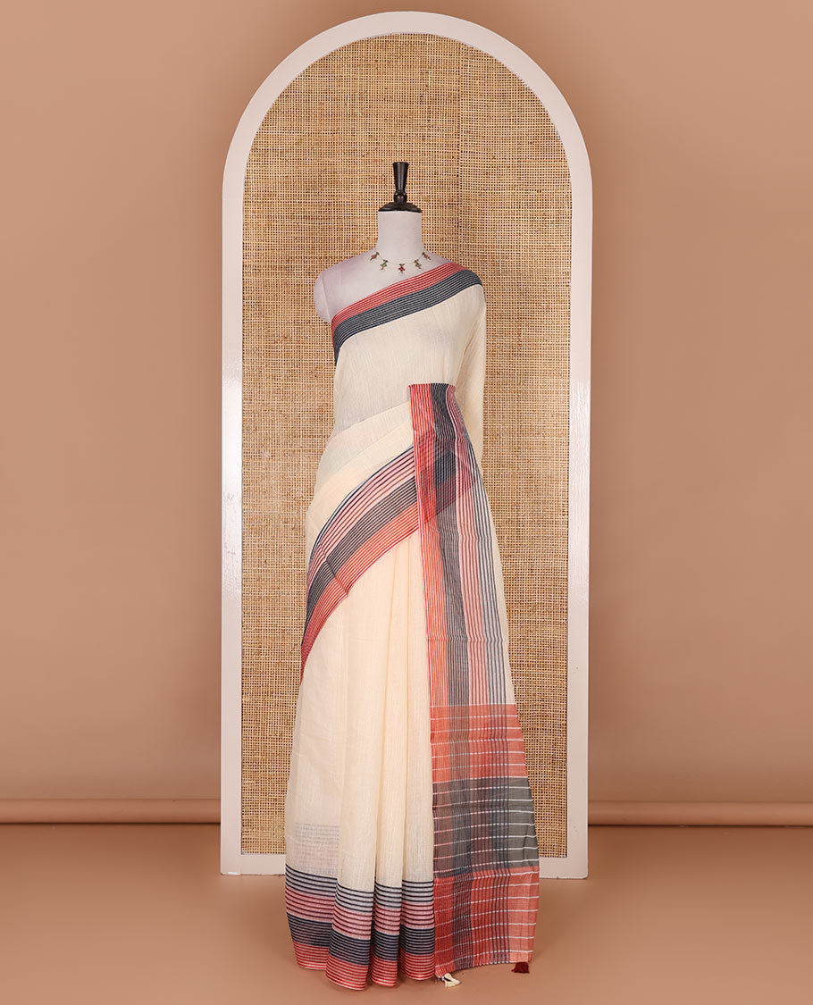 Cream full-plain linen saree, multi-color horizontal striped border, contrast striped pallu, and plain blouse