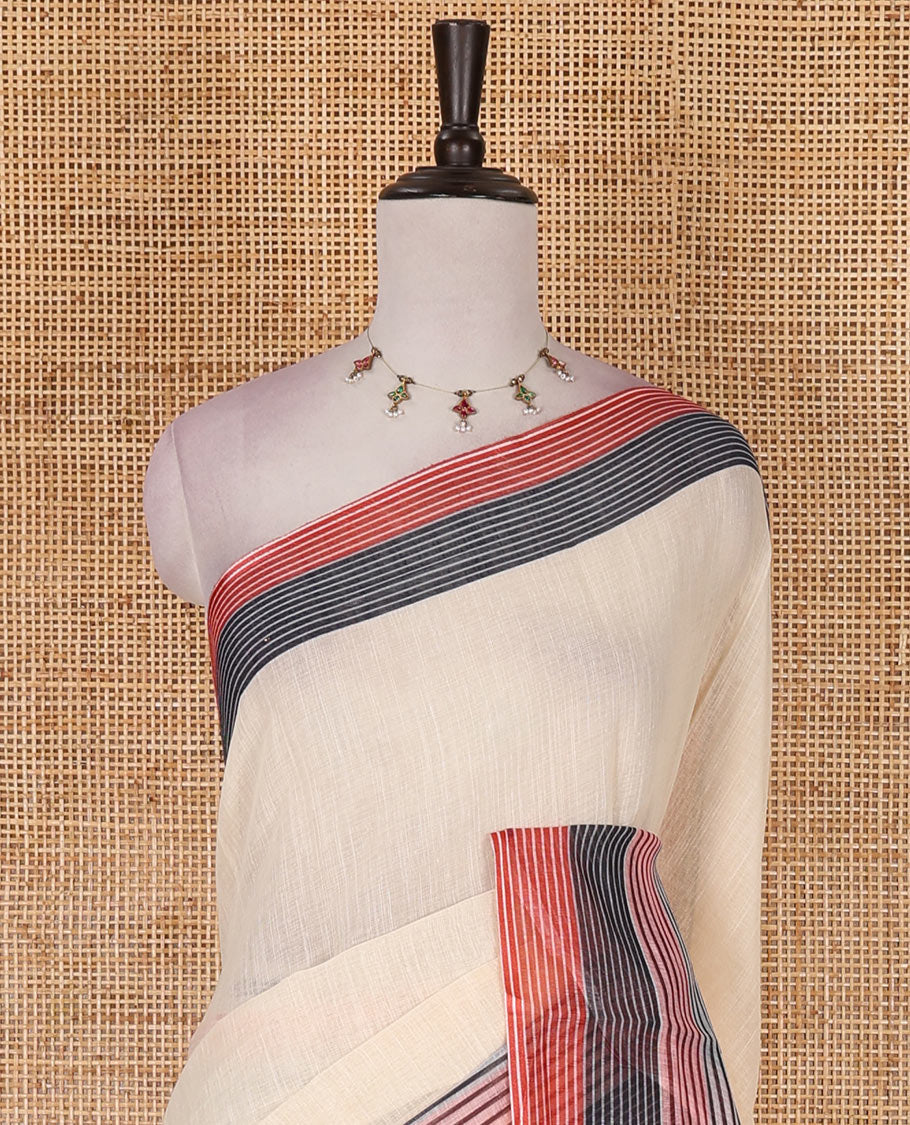 Cream full-plain linen saree, multi-color horizontal striped border, contrast striped pallu, and plain blouse