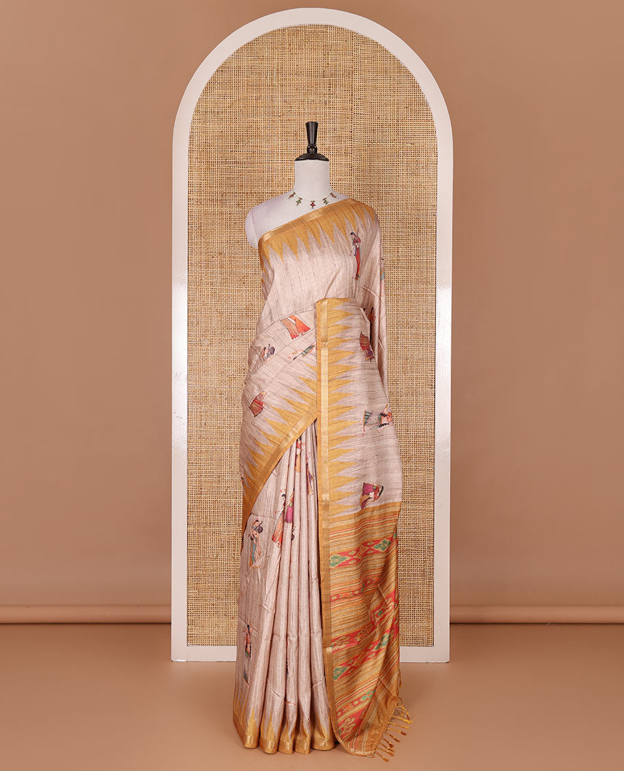 Chikku and yellow Radha motifs printed katan silk saree, contrast temple border, ikkat motifs woven pallu, and contrast printed pallu