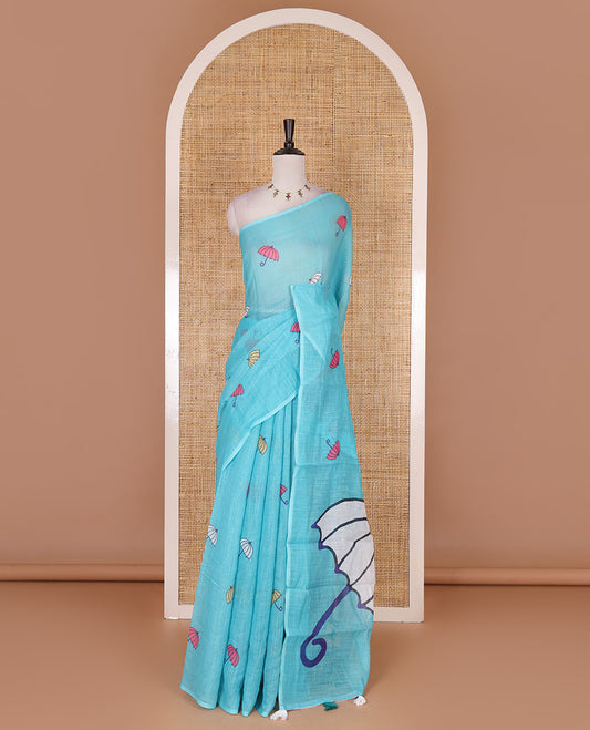 Borderless sky blue umbrella motifs printed linen cotton saree, self-pallu of big umbrella motifs and contrast blouse
