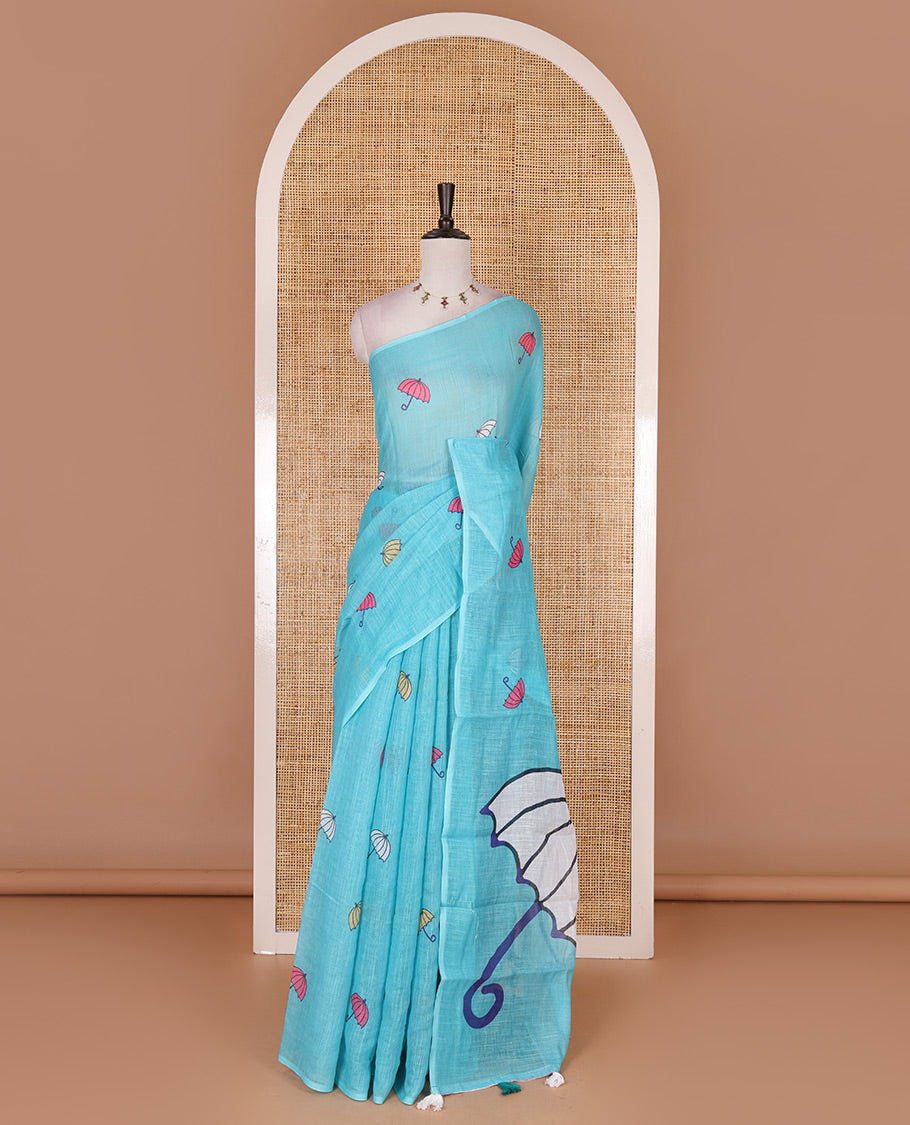 Borderless sky blue umbrella motifs printed linen cotton saree, self-pallu of big umbrella motifs and contrast blouse