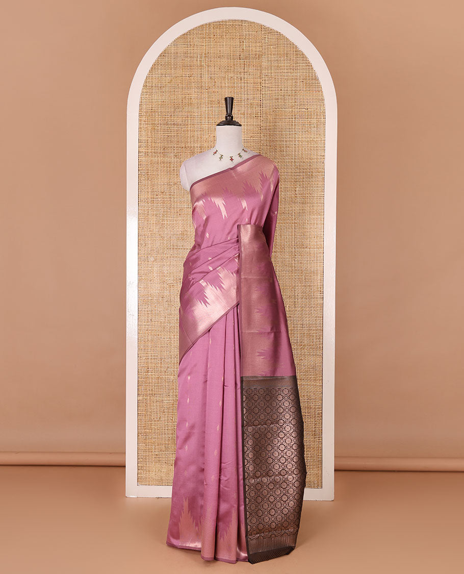 Pink zari buttas kanchi silk saree, temple zari border, zari-rich jaal pallu, and zari motifs woven blouse