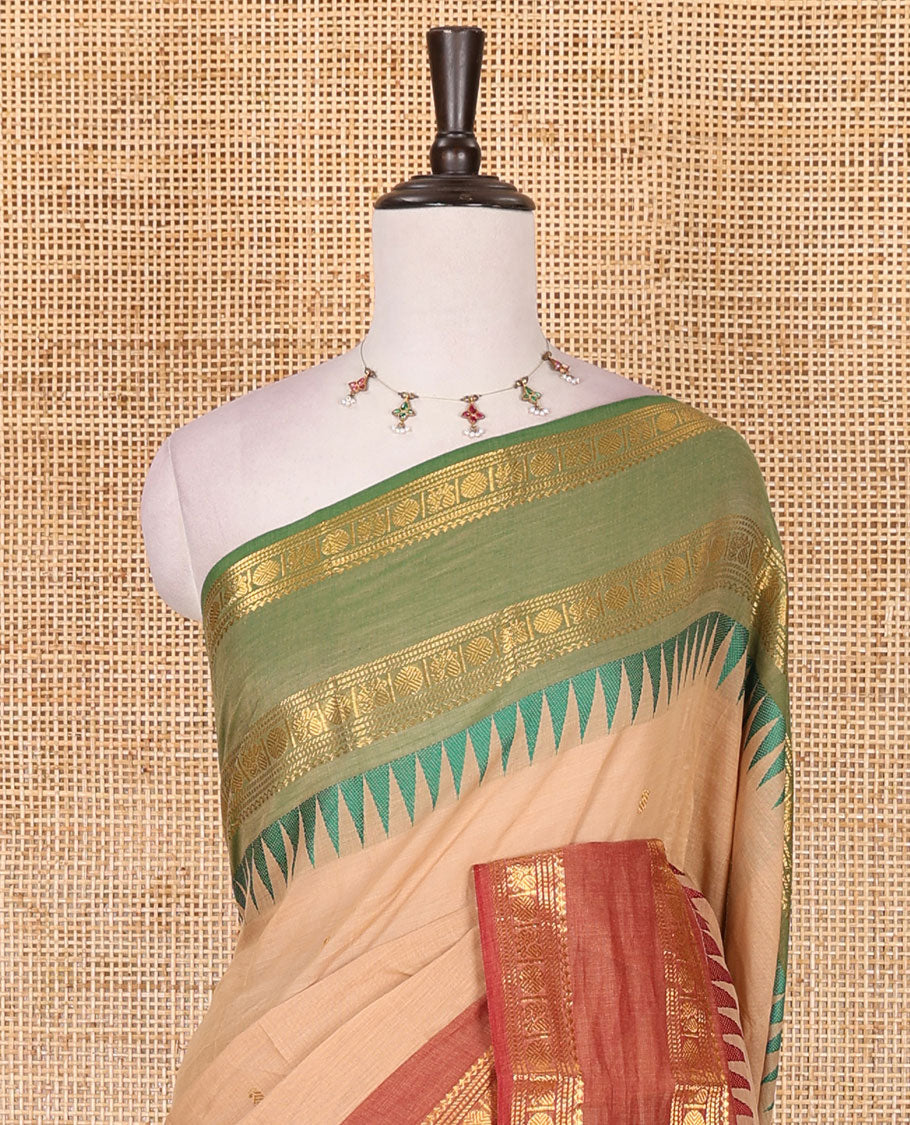 Sandal zari buttas Chettinad cotton saree, contrast ganga jamuna rettai rettu rudraksham motif zari temple border, striped pallu, and matching blouse