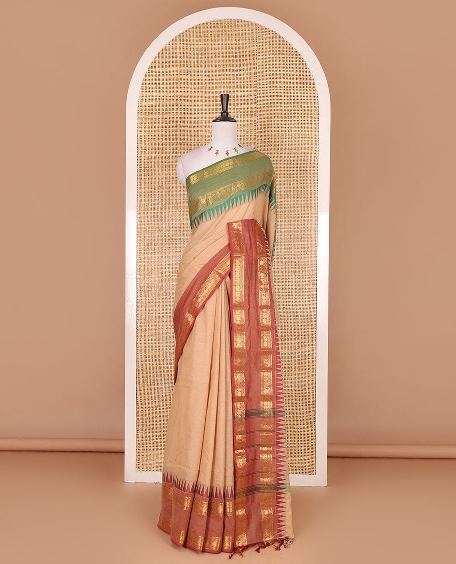 Sandal zari buttas Chettinad cotton saree, contrast ganga jamuna rettai rettu rudraksham motif zari temple border, striped pallu, and matching blouse