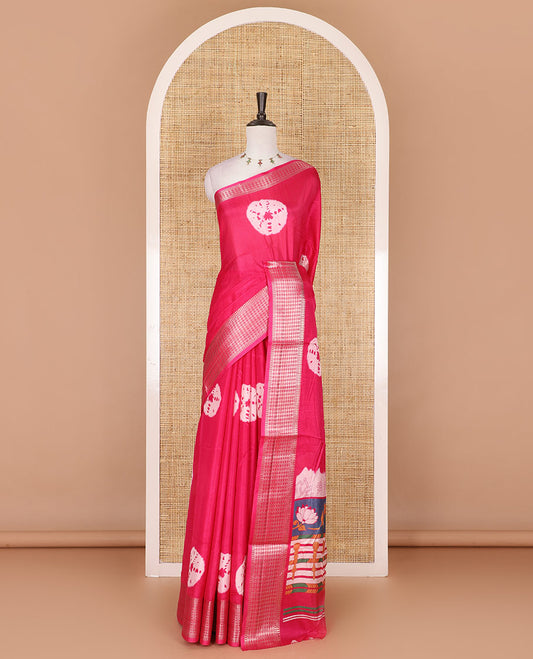 Pink shibori printed dola silk saree, traditional zari border, printed pallu, and blouse of print, and zari work