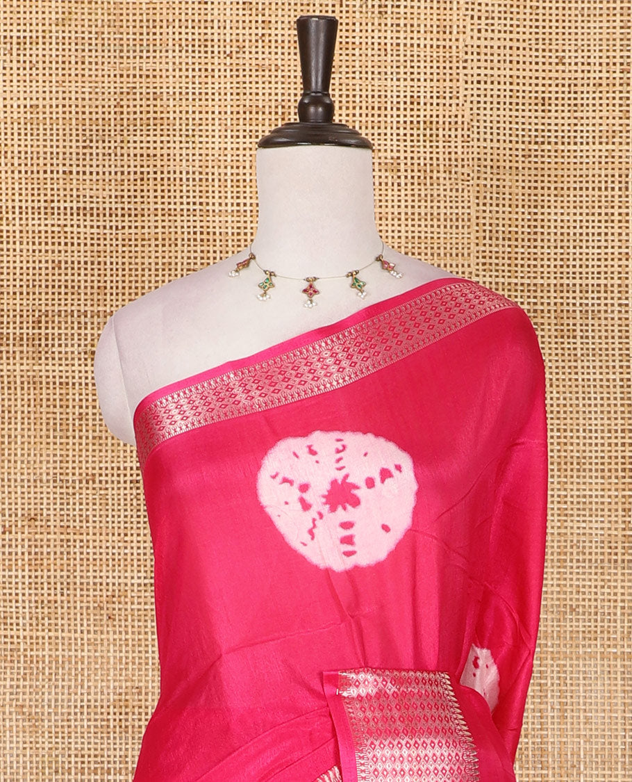 Pink shibori printed dola silk saree, traditional zari border, printed pallu, and blouse of print, and zari work