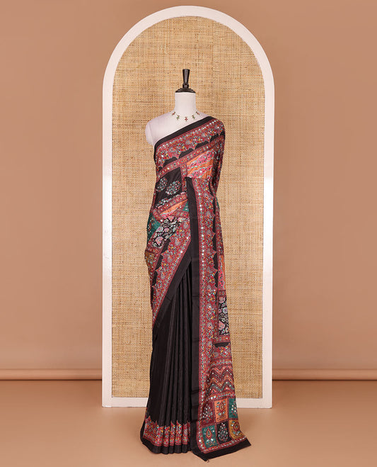 Black kaleidoscopic colored floral-geometric printed with mirrorwork masakali saree, printed border, print with mirror work pallu, and a matching blouse
