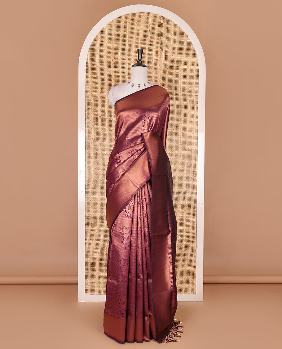 Wine paisley zari jacquard Kanchi tissue saree, zari border, pallu steeped with paisleys, and jacquard matching blouse