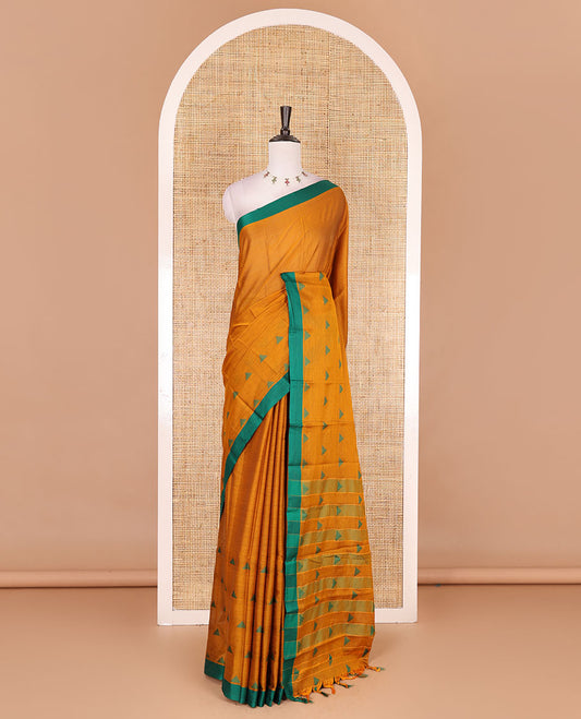 Mustard triangle motifs mercerised cotton saree, contrast plain border, striped pallu, and matching triangle motifs blouse
