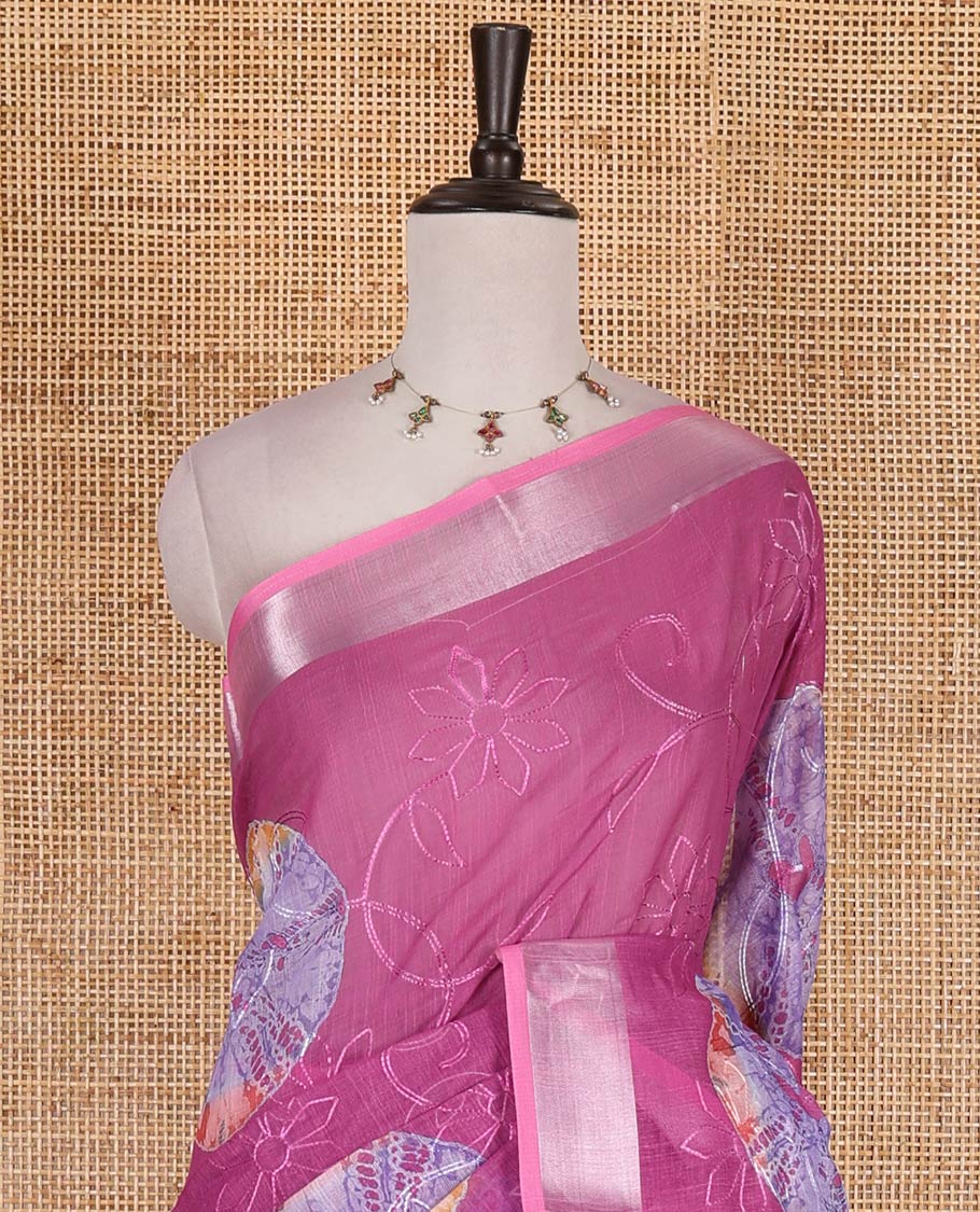 Magenta shibori printed with thread floral vine embroidered linen cotton saree, contrast bavanji border, pallu, and blouse of shibori print with embroidery