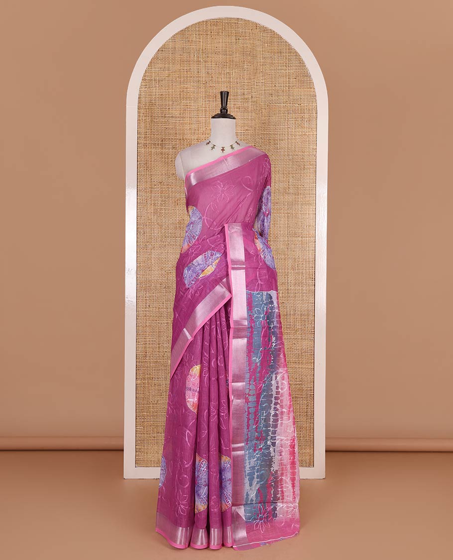 Magenta shibori printed with thread floral vine embroidered linen cotton saree, contrast bavanji border, pallu, and blouse of shibori print with embroidery