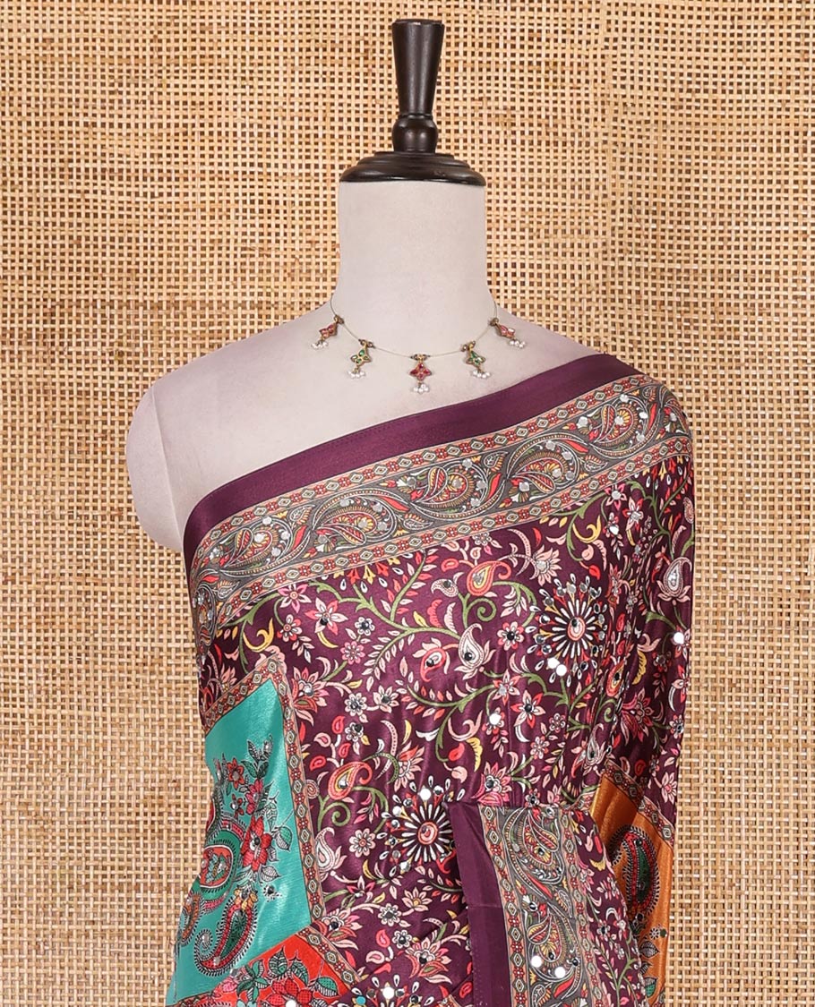 Purple floral-paisleys printed and mirror work masakali saree, printed border, printed and mirror work pallu, and a matching printed blouse