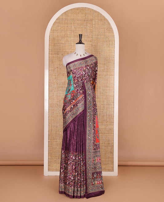 Purple floral-paisleys printed and mirror work masakali saree, printed border, printed and mirror work pallu, and a matching printed blouse