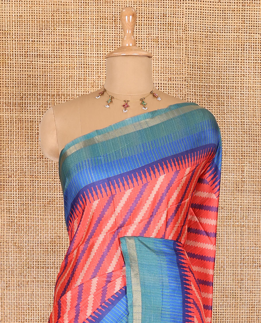 Tomato pink leheriya stripes printed katan silk saree, contrast zari piping temple border, temple pallu, and a contrast square buttas printed blouse