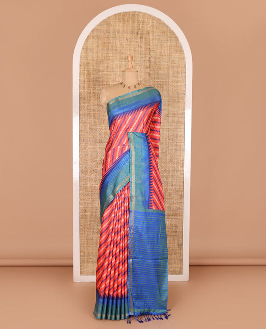 Tomato pink leheriya stripes printed katan silk saree, contrast zari piping temple border, temple pallu, and a contrast square buttas printed blouse