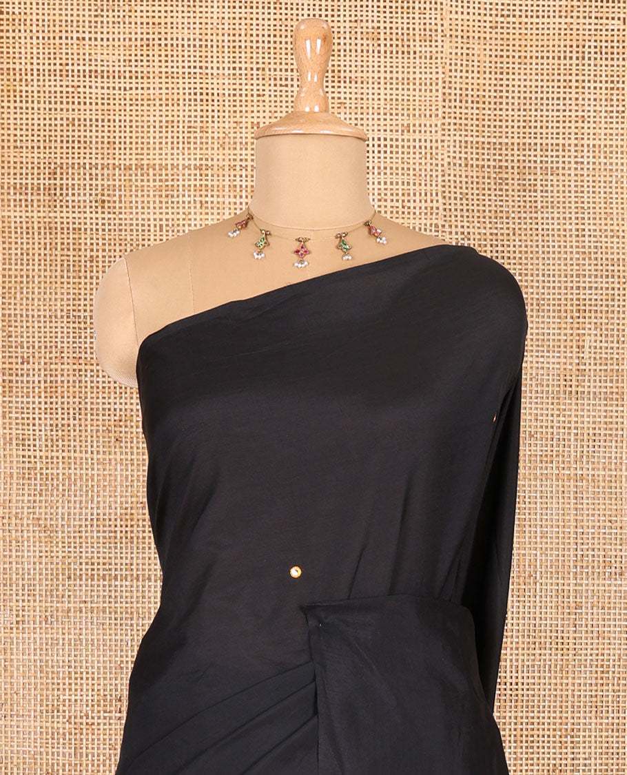 Borderless black mirror embroidered South cotton saree with a matching blouse and a kalamkari paisley vine printed blouse