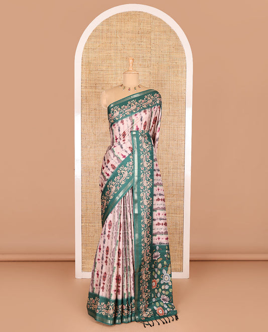 Purple shibori printed katan silk saree, contrast border, and pallu of kalamkari floral vine and peacock print, and a contrast leaf printed blouse