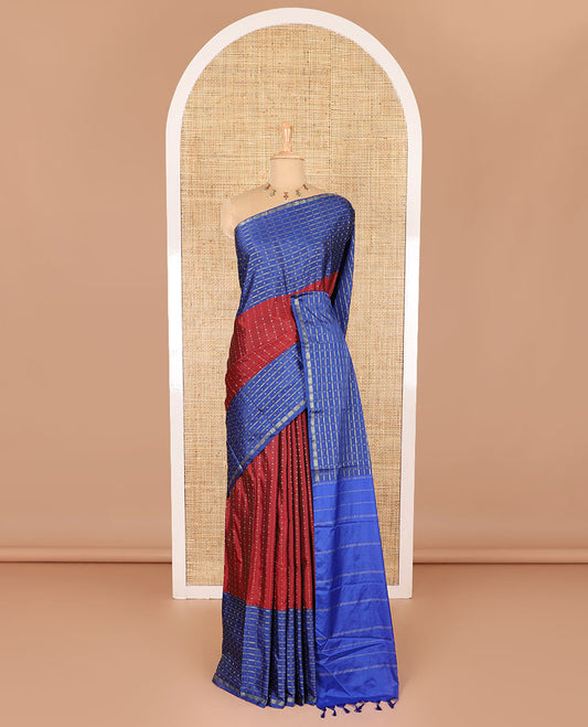 Maroon Vaira Oosai patterned semi-soft silk saree, contrast double-sided zari woven big border, striped pallu, and a double-colored plain blouse
