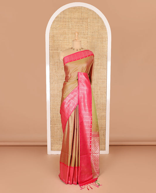 Mehendi green small zari buttas woven elite soft silk saree, contrast zari woven scallop satin border, jaal pallu, and a contrast chakram zari motifs blouse