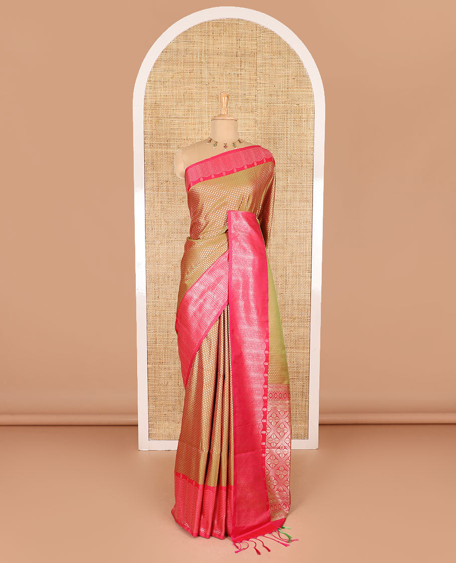 Mehendi green small zari buttas woven elite soft silk saree, contrast zari woven scallop satin border, jaal pallu, and a contrast chakram zari motifs blouse