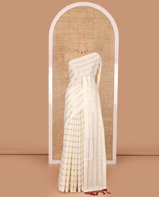 Borderless cream and maroon horizontal zari muthu striped Kerala cotton saree, self-pallu with tassels and a matching blouse