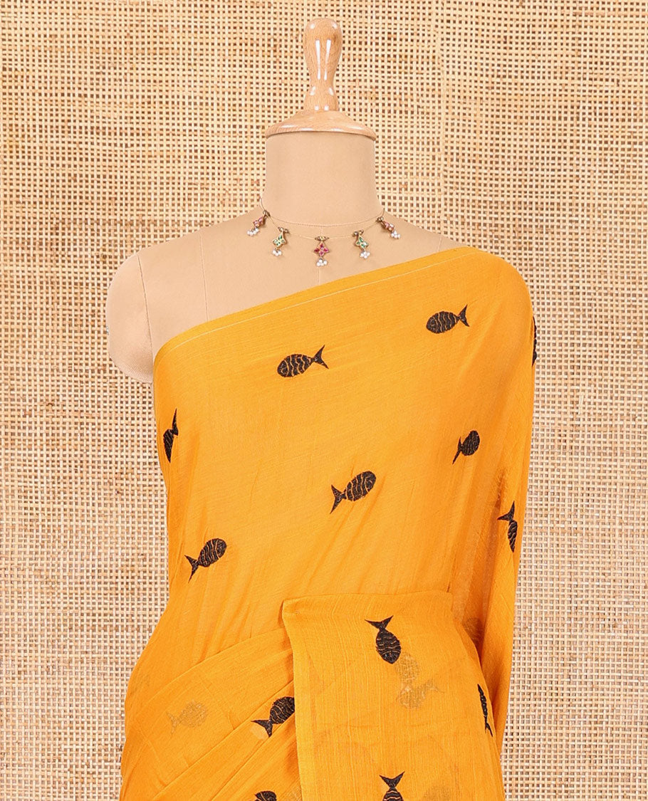 Borderless mustard fish motifs thread embroidered khadi mul cotton saree, fish motifs thread embroidered pallu, and a matching plain blouse