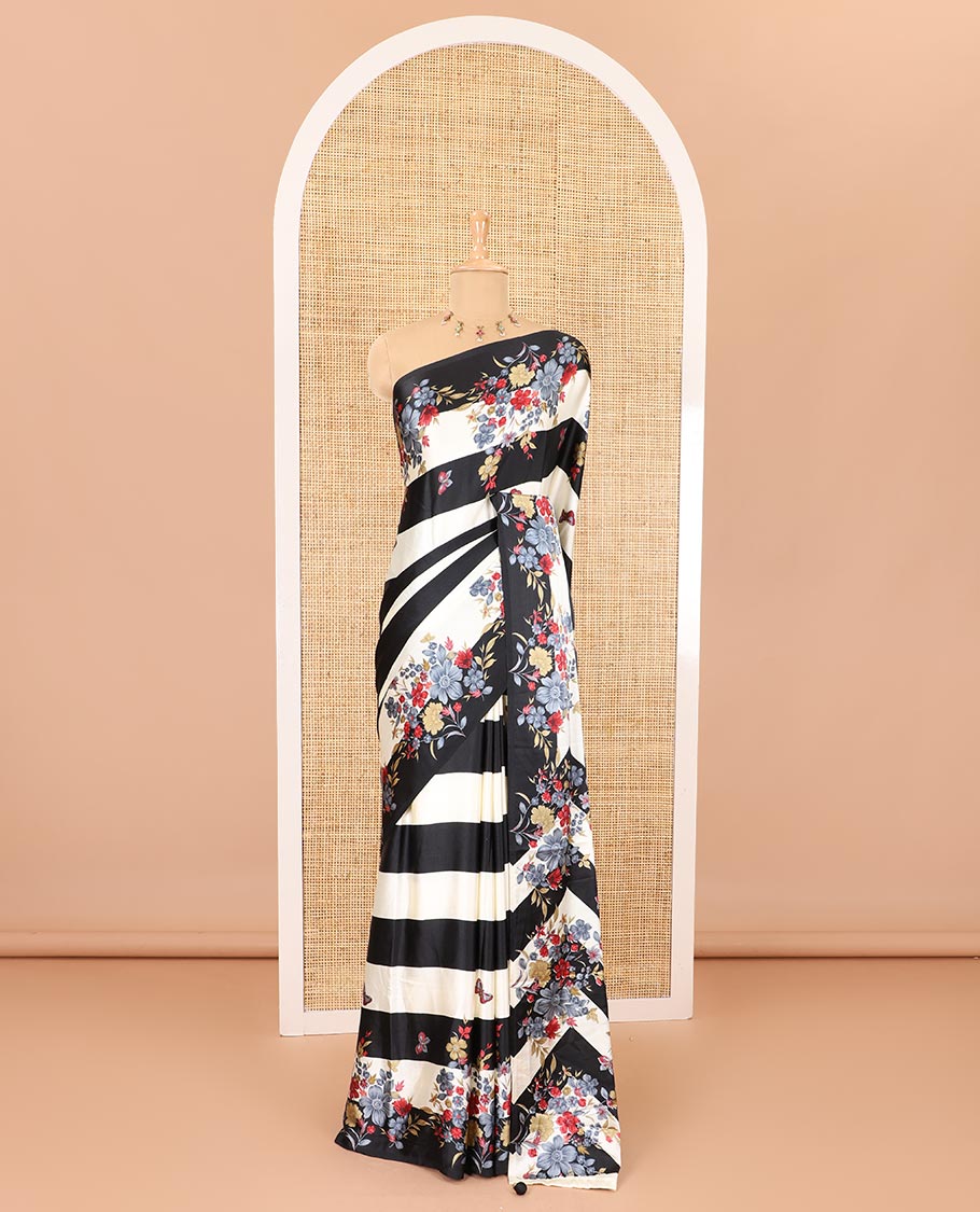 Borderless black horizontal stripes, and flora-butterflies printed satin crepe saree, self-pallu of floral, butterflies and bird print, and printed pallu