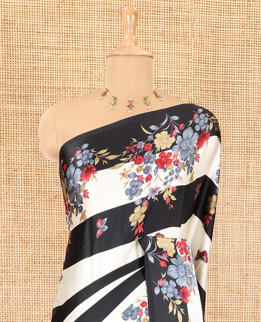 Borderless black horizontal stripes, and flora-butterflies printed satin crepe saree, self-pallu of floral, butterflies and bird print, and printed pallu
