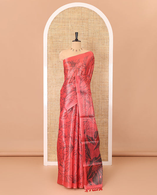 Borderless pink floral motifs printed tissue silk saree with floral printed pallu, and a contrast plain blouse