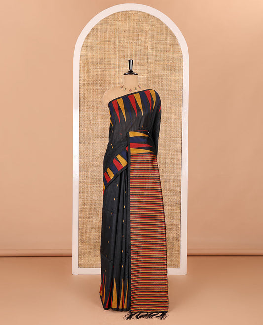 Black thread buttas woven jute cotton saree, multi-color temple border, striped pallu, and a matching striped blouse