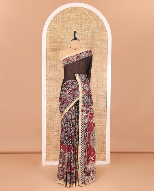 Purple kalamkari floral, peacock, and human figurines printed Kota cotton saree, contrast printed border, peacock printed pallu, and a contrast floral printed blouse