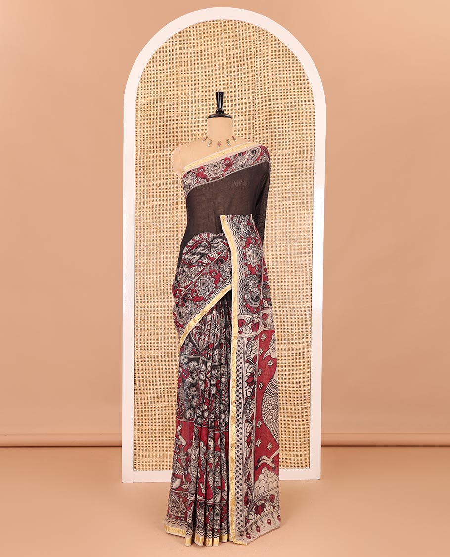 Purple kalamkari floral, peacock, and human figurines printed Kota cotton saree, contrast printed border, peacock printed pallu, and a contrast floral printed blouse