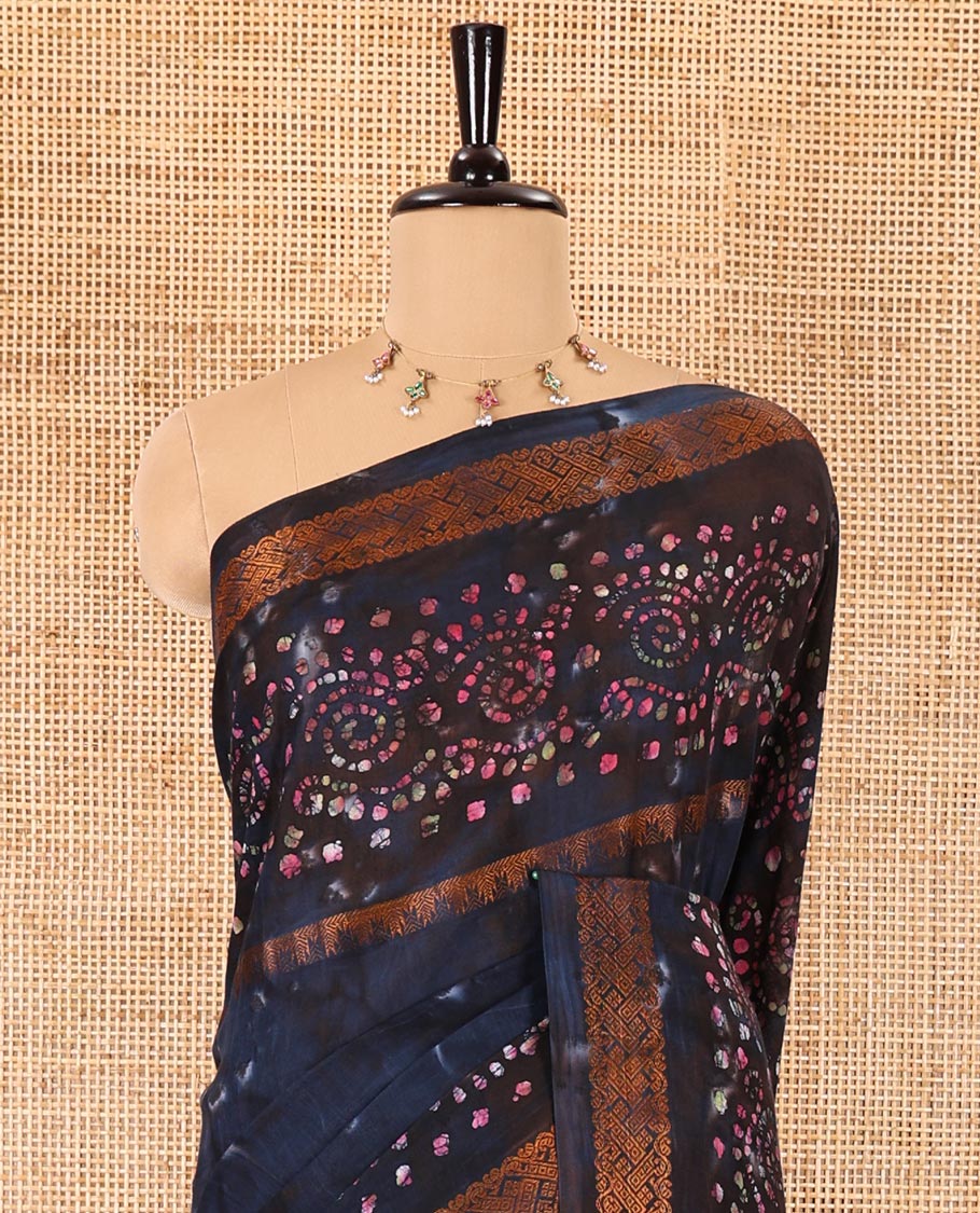 Blue shibori printed pure cotton saree, double side batik printed with traditional motifs border, floral printed pallu, and a shibori printed blouse