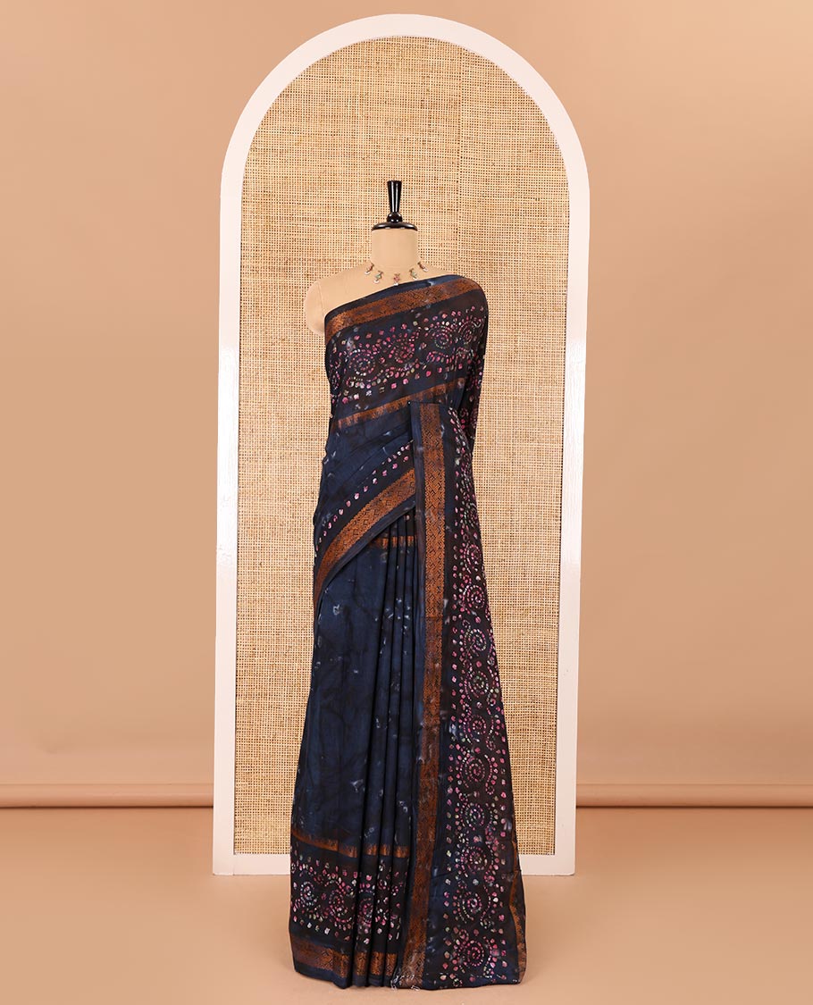 Blue shibori printed pure cotton saree, double side batik printed with traditional motifs border, floral printed pallu, and a shibori printed blouse