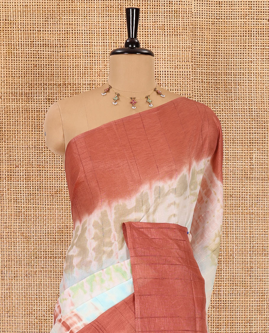 Multi color shibori printed jute tussar saree, contrast plain border, plain pallu with tussels, and contrast plain blouse