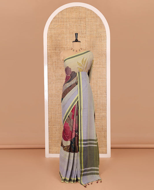 Green stripes, and tropical floral printed Mangalgiri cotton saree, traditional thread border, striped pallu, and a matching blouse