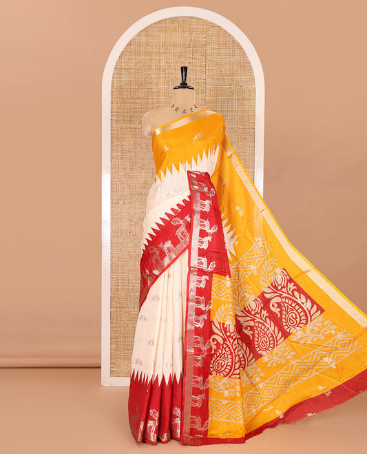 Cream deer zari motifs dola silk saree, contrast red-yellow ganga jamuna deer motifs zari woven border, paisley-diamond printed pallu, and a contrast deer motifs blouse