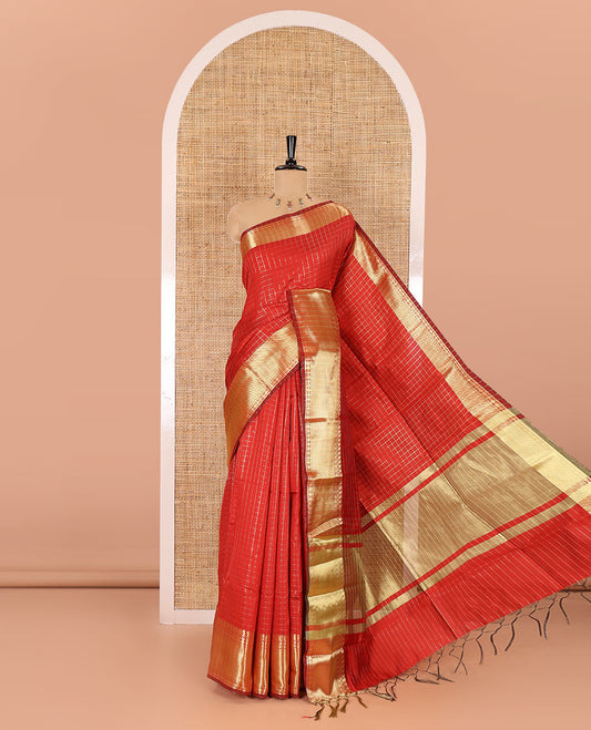 Red zari checked semi-katan silk saree, traditional zari border, zari-rich pallu, and a matching blouse