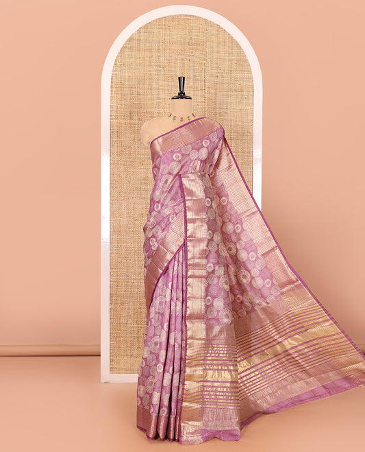 Lavender lotus-leaf style printed semi-tussar saree, traditional zari border, zari striped pallu, and a matching blouse