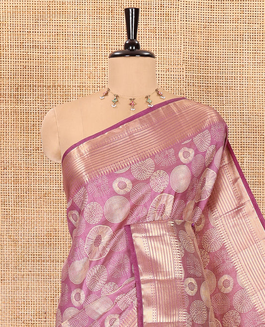 Lavender lotus-leaf style printed semi-tussar saree, traditional zari border, zari striped pallu, and a matching blouse