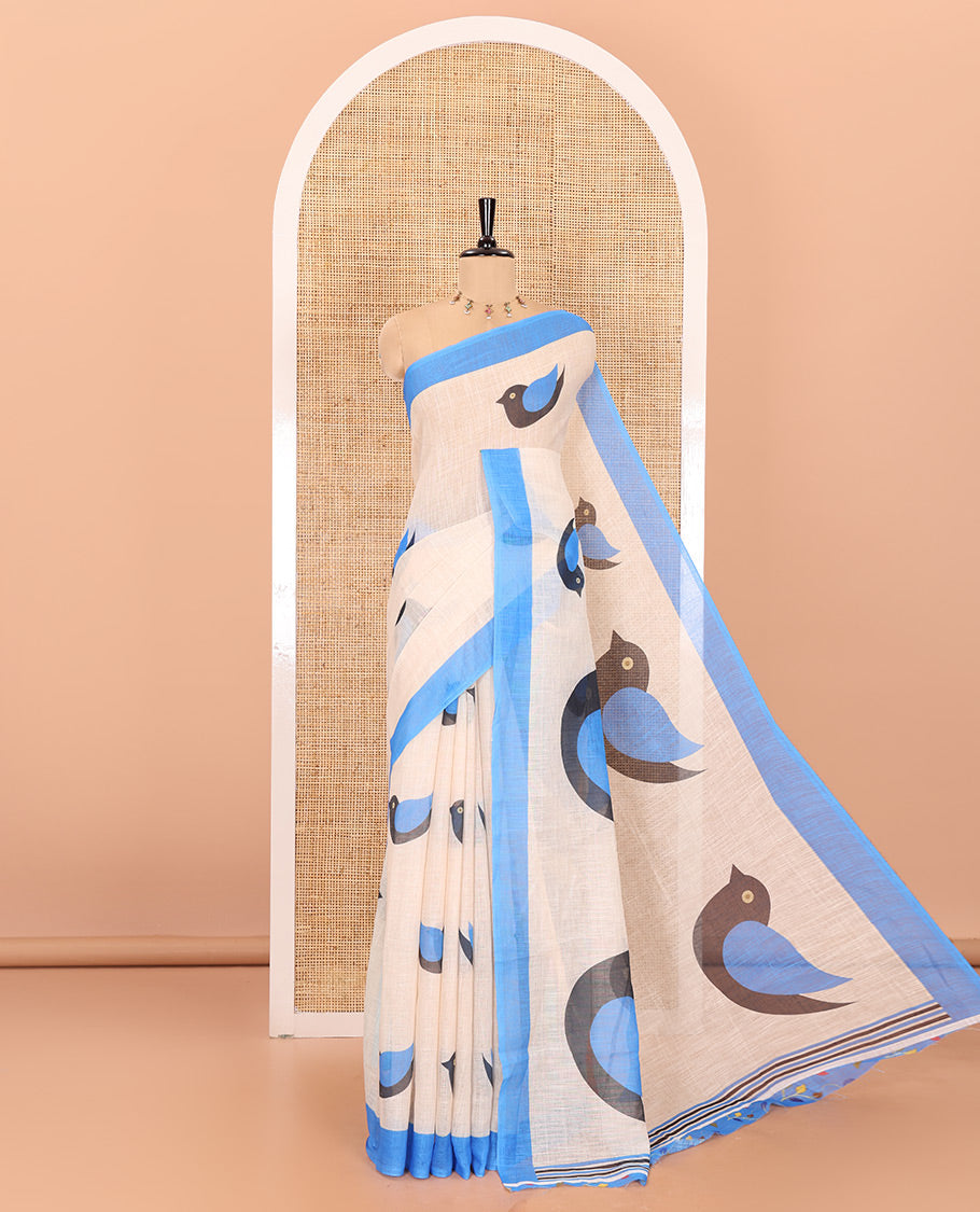 Chikku colur birds motifs linen cotton saree with contrast plain border , birds mofits pallu and leaf printed blouse