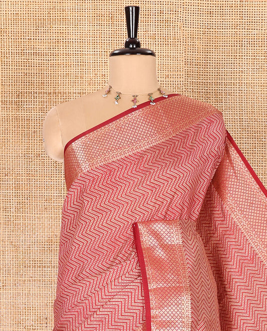 Maroon Semi-Tussar Saree Accentuated with Zig-Zag Strips Prints, Featuring a Self-border with Traditional Motifs, a Zari-Striped Pallu, Paired with a Matching Blouse