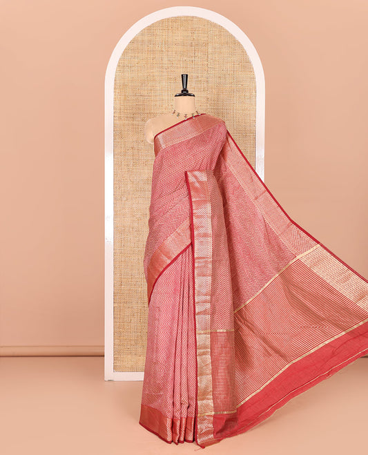 Maroon Semi-Tussar Saree Accentuated with Zig-Zag Strips Prints, Featuring a Self-border with Traditional Motifs, a Zari-Striped Pallu, Paired with a Matching Blouse
