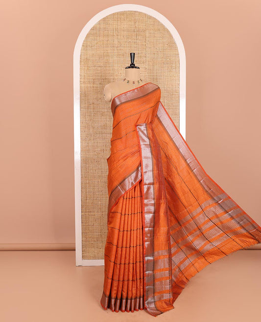 Rust Orange Semi-Tussar Saree Beautified with Zari Horizontal Stripes and Thread Floral Designs, Featuring a Subtly Woven Temple Zari Border, a Striped Pallu, and a Matching Blouse