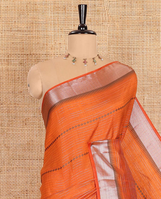 Rust Orange Semi-Tussar Saree Beautified with Zari Horizontal Stripes and Thread Floral Designs, Featuring a Subtly Woven Temple Zari Border, a Striped Pallu, and a Matching Blouse