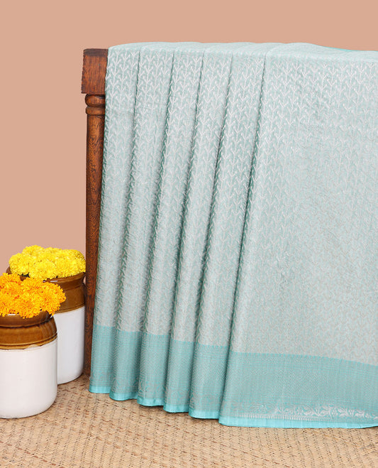 Green silver zari weaving silk cotton saree with self border & contrast pallu along with plain blouse